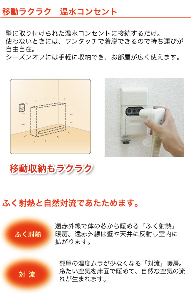 移動ラクラク。ふく射熱と自然対流であたためます。